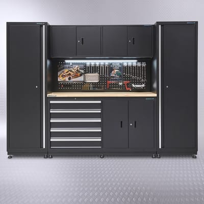 Datona® Werkbank 160 cm met bovenkast en twee zijkasten - Zwart