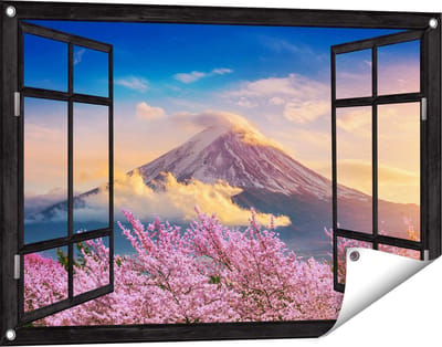 Gards Tuinposter Doorkijk Fuji Berg met Roze Bloesembomen - Bloemen - 90x60 cm - Tuindoek - Tuindecoratie - Wanddecoratie buiten - Tuinschilderij