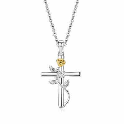 Cliste Couture Kruis Ketting Dames – 925 Zilver met Bloem Hanger & Zirkonia – Goudkleurig – Cadeau voor Vrouwen – Moederdag, Verjaardag, Valentijn, Kerst