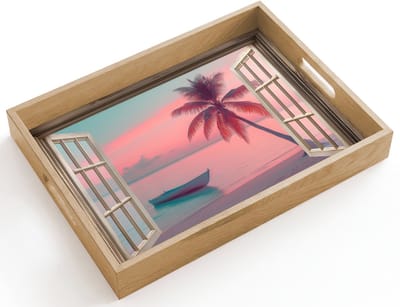 Dienblad hout 40x30 cm - Schootdienblad - Doorkijk - Strand - Palmboom - Tropisch - Borrelplank rechthoek - Plateau dienbladen