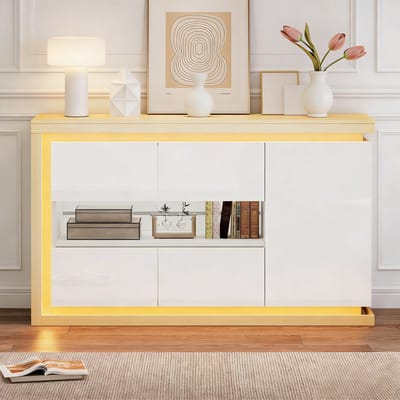 MODFU - Sideboard - Met LED-Verlichting En Gehard Glas - Modern - Voor Woonkamer Of Hal - Spaanplaat - Wit - 140 x 40 x 84 cm