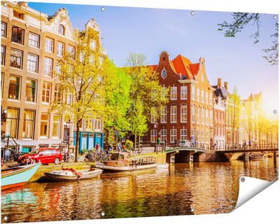 Gards Tuinposter Amsterdamse Gracht tijdens Zonsondergang - 150x100 cm - Tuindoek - Tuindecoratie - Wanddecoratie buiten - Tuinschilderij
