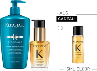 Kérastase Specifique & Elixir Ultime Duo + Cadeau - Shampoo Bain Vital Dermo-Calm 500ml & L'Huile Originale Haarolie 30ml + Haarolie 15ml cadeau - Voor Glad & Glanzend Haar - Intense Glans & Zachtheid