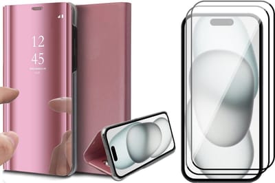 Hoesje geschikt voor iPhone 15 - 2x Screen Protector FullGuard - Book Case Spiegel Roségoud & Screenprotector