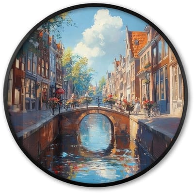 Poster in lijst Rond - Fotolijst 60x60 cm - Posters - Stad - Gracht - Zon - Fietsen - Ronde posterlijst zwart - Decoratie - Wanddecoratie woonkamer - Muurdecoratie slaapkamer