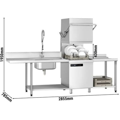 GGM Gastro Durchschubspülmaschine - Digital - 7,1 kW - inkl. Zulauftisch links & Auslauftisch rechts - mit Reiniger-, Klarspüler- & Laugenpumpe