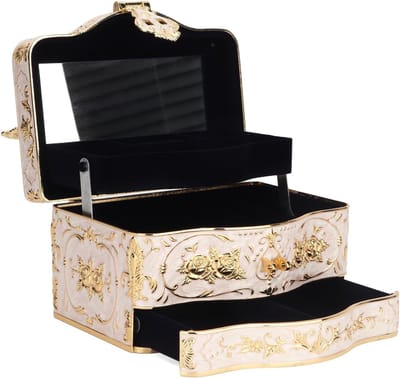 Juwelendoos Rechthoekig - Vintage Opberger - Sieraden Organiseren - Met Interne Spiegel - 19 x 16 x 13 cm - Wit
