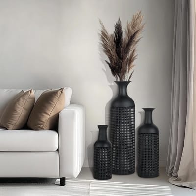 Dailygoods - Sziqiqi Zwarte Grote Vloervazen: Hoge Staande Vazen voor Woonkamer 68/51/41cm - Metalen Hoge Vloer Vaas Set van 3 - Moderne Oversized Vloer Vaas voor Slaapkamer Keuken Open Haard Hoek