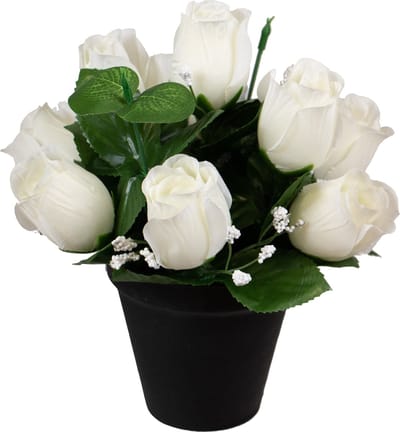 Louis Maes Kunstbloemen klein boeketje rozen in pot - wit - H25 cm - Bloemstuk - Bladgroen