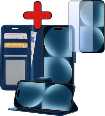 Hoesje - Met Screenprotector - Geschikt voor Apple iPhone 15 - Luxe Pasjeshouder - Flipcase - Bookcase Portemonee - Flip Case - Kunstleer Book Case - Book Cover - Walletcase - Portemonneehoes - Telefoonhoes - Donkerblauw