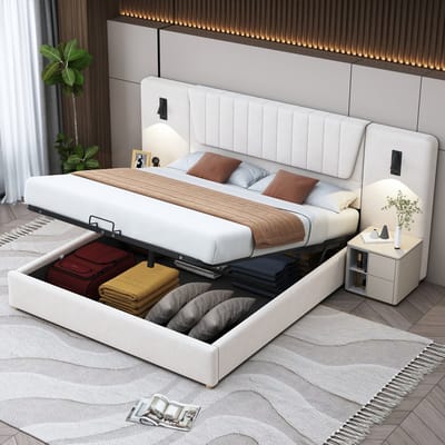 DESMIU Gestoffeerd Bed 180x200 cm – Extra Breed Hoofdbord Met USB-Leeslampen – Hydraulische Opbergruimte – Tweepersoonsbed – Fluweel – Zonder Matras – Beige