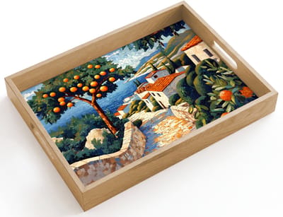 Dienblad hout 40x30 cm - Schootdienblad - Huizen - Mozaïek - Sinaasappelbomen - Zee - Borrelplank rechthoek - Plateau dienbladen