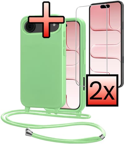 Hoes Geschikt voor iPhone Air Met Telefoonkoord Met 2x Screenprotector - Siliconen Hoesje Backcover Met Ketting - Groen