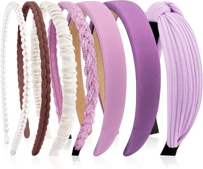 Set van 7 Dames Haargeluiden met Parels, Diverse Modellen, Plastic Haarbanden voor Vrouwen en Meisjes in Paars