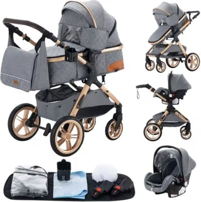 J&R Kinderwagen 3 in 1 - Kinderwagen - Bedje - Buggy - Autostoel - Opvouwbaar - Aluminium frame - Grijs - Goud - Zwart
