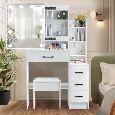 Make-uptafel met spiegel - Kaptafel met kruk - Make-up aanbrengen - Instelbare LED-verlichting - 83 x 36 cm - Wit