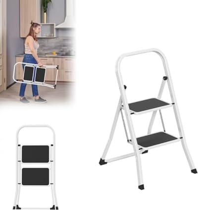 Inklapbare Trapladder met 2 Treden – Stalen Vouwladder met Antislip en Ergonomische Leuning