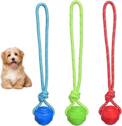 Hondenspeelgoed Set van 3, Rubber Ballen met Touw voor Gooien, Trekspel en Actieve Spelletjes
