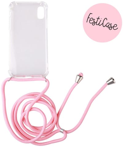 FESTICASE Hoesje Geschikt voor iPhone X Telefoonhoesje met koord (Roze) TPU - Soft Case Hoesje - Transparant