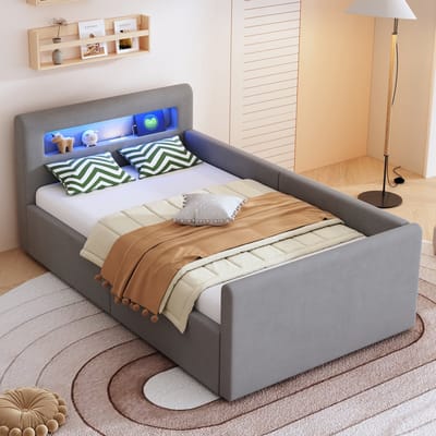 Sweiko Kinderbed - 90 x 200 cm - LED-verlichting - USB-oplaadpoort - Opbergruimte - Velvet - Grijs
