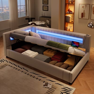 STILVORA Eenpersoonsbed 90x200 cm – Met 7-Kleurige LED & Hydraulische Opbergruimte – USB+Type-C Voor Slaapkamer/Woonkamer – Linnen – Beige – Zonder Matras