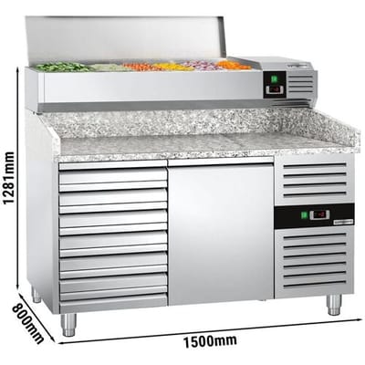 GGM Gastro Pizzakühltisch PREMIUM - 1500x800mm - mit 1 Tür & 7 Schubladen - inkl. Kühlaufsatzvitrine - 7x GN 1/4 Zilver