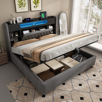 HAUSS SPOLE Gestoffeerd Bed 160x200 cm - Met Led, Usb En Opbergruimte - Hydraulische Bedkist En Hoofdbord - Linnen - Grijs - Zonder Matras