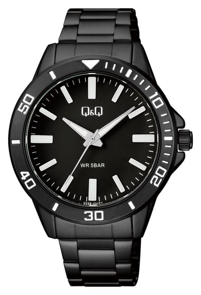 Q&Q Q28B-004PY - Horloge - Analoog - Heren - Mannen - stalen band - Rond - Metaal - Streepjes - Zwart