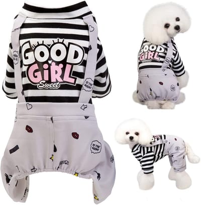 Oneay Hondenpakje, gestreepte puppypyjama, schattig honden- en kattenpakje, zacht katoenen shirt, kleding set voor huisdieren, geschikt voor kleine, middelgrote en grote honden en katten (grijs, maat L).
