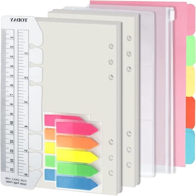 6-Holes Staple Refill Set voor A6 Notitieboek, 90 Vellen Papier met Stickers en Scheidingsbladen, Planner Invoegen met Compartimenten voor Creatieve Organisatie
