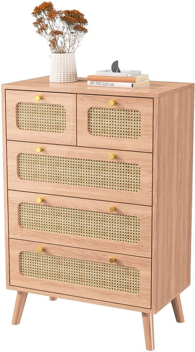 Ladekast - Rotan opbergkast met 5 lades – Minimalistisch – Geschikt voor woonkamer, slaapkamer en hal – Natuurlijke houtkleur