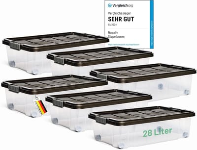 Novaliv 6x Onderbed Ladekast met Wielen 28L Opbergdoos Deksel Antraciet Nestbaar Stapelbaar met Clipsluiting Rolbox BPA-vrij 61x40x17 cm