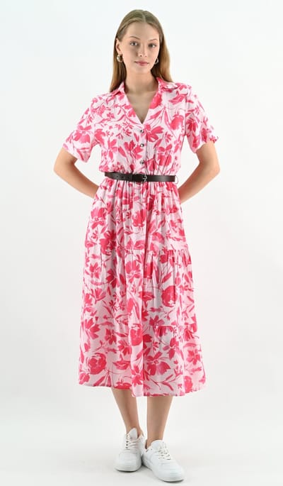 YesMooi - Midi Blousejurk met Ceintuur - Roze Bloemenprint - M (38)