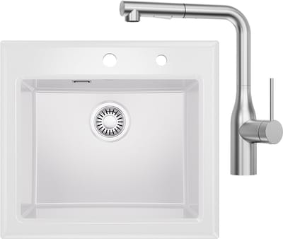 CECIPA Max Spoelbak Keuken - Keramische Spoelbakken Wit 55x50CM - Gootsteen Met Keukenkraan met Uitrekbare Uitloop - Keukenspoelbak - Opbouw Wasbak Keuken
