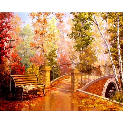5D bricolage diamant peinture  arbres d'automne et pont  diamant broderie point de croix mosaïque peinture 20X30CM beige