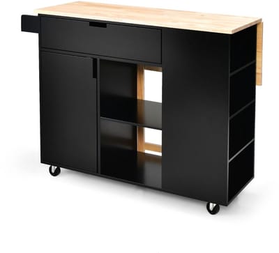 Keukeneiland - Verplaatsbaar - Keukenkast - Dressoir - Organizer - Kasten - Houten Werkblad - Lade - Zwart
