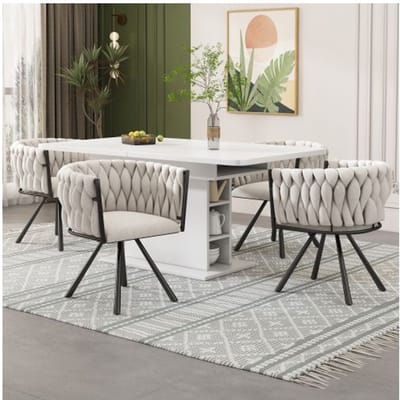 Chaises de salle à manger en lin,ensemble de 4,chaise pivotante simple de luxe avec quatre pieds en métal,tissu de lin beige et noir