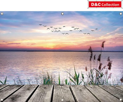 Tuinposter zonsondergang - 130x95 cm - schuttingdoek - houten vlonder - terras - schuttingdoek - tuindoek - wanddoek