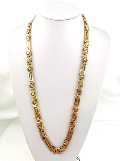 RVS - Heren - goudkleurig - platte koningsschakel met labyrint design ketting - L 70 cm - br 10 mm.