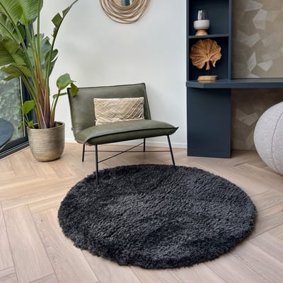 Rond Hoogpolig Vloerkleed Antraciet/Zwart Loof Shaggy 120cm Mrcarpet