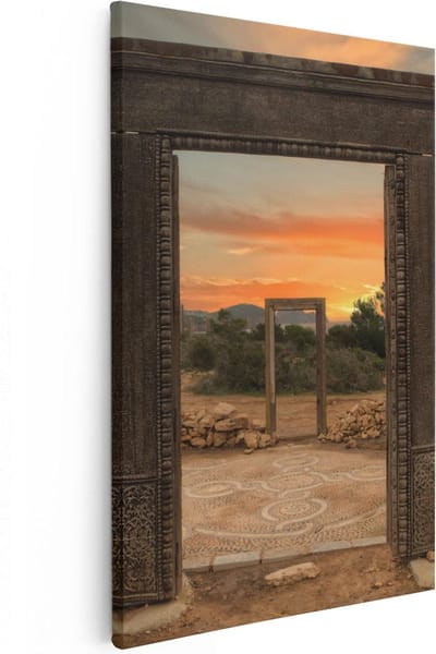 Artaza Canvas Schilderij Poort Zonsondergang - 20x30 cm - Klein - Muurdecoratie Griekenland - Wanddecoratie Landschap - Kamer Accessoires Natuur