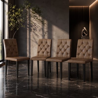 Eetkamerstoelen Set Van 4 - Eetkamerstoel - Eetkamerstoelen - Ergonomisch - Gewatteerde zitting - Stof - Metalen stoelpoten - Modern Design - Bruin, zwart