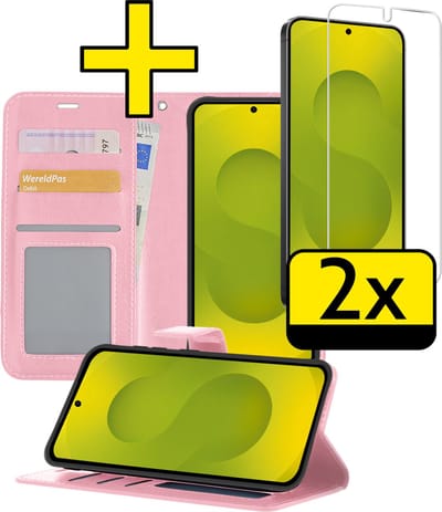Hoesje - Met 2x Screenprotector - Geschikt voor Samsung Galaxy S25 - Luxe Pasjeshouder - Bookcase Portemonee - Flip Case - Kunstleer Book Case - Flipcase Hoes - Book Cover - Walletcase - Portemonneehoes - Telefoonhoesjes - Lichtroze