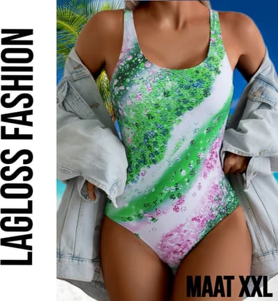 LaGloss® Ombre Groen Bloemenprint Dames Badpak - Vierkante Hals - Open Rug - Zomers – Strandmode – Beach fashion – Maat XXL