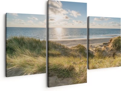 Artaza Canvas Schilderij Drieluik Strand en Zee vanuit Duinen - 150x120 - Groot - Foto Op Canvas - Canvas Print