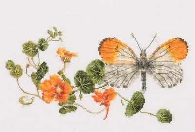 Thea Gouverneur - Borduurpakket met telpatroon - 437 - Voorgesorteerde DMC Garens - Oost-Indische Kers Vlinder - Linnen - 29 cm x 18 cm - DIY Kit