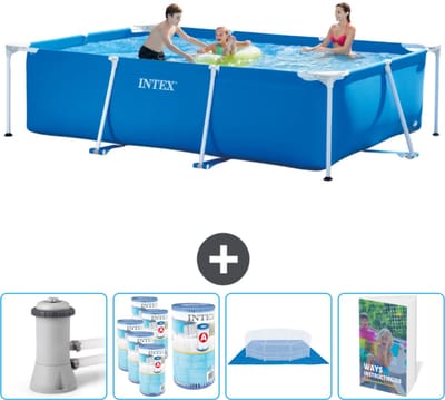 Intex Rechthoekig Frame Zwembad - 300 x 200 x 75 cm - Blauw - Inclusief Zwembadfilterpomp - Filters - Grondzeil - Zwembadgids