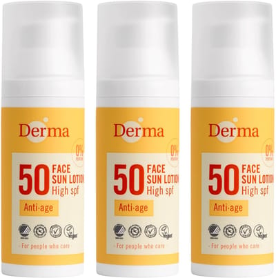 Derma Sun - Gezichtszonnecrème SPF50 - 3 x 50 ml - Waterbestendige Gezichtszonnebrand - Met Hyaluronzuur en Vitamine E - Parfumvrij - UVA en UVB Bescherming - Hypoallergeen