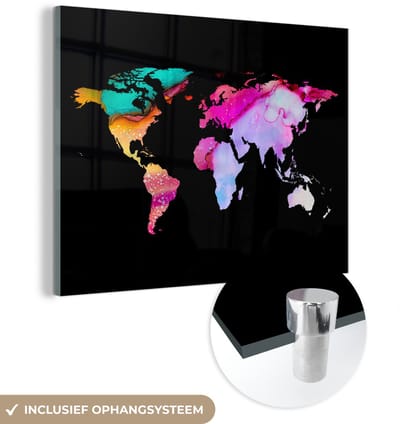 ® Glasschilderij 80x60 cm - Schilderij acrylglas - Wereldkaart - Regenboog - Zwart - Foto op glas - Muurdecoratie woonkamer - Wanddecoratie slaapkamer - Schilderijen
