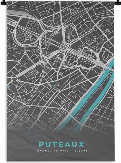 Wandkleed - Wanddoek - Puteaux - Stadskaart - Kaart - Plattegrond - Frankrijk - 120x180 cm - Wandtapijt